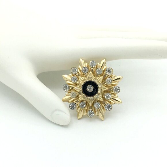 MID-CENTURY sunburst brooch - gold-tone rhinestone & onyx pin heavy layered dome - Picture 1 of 8